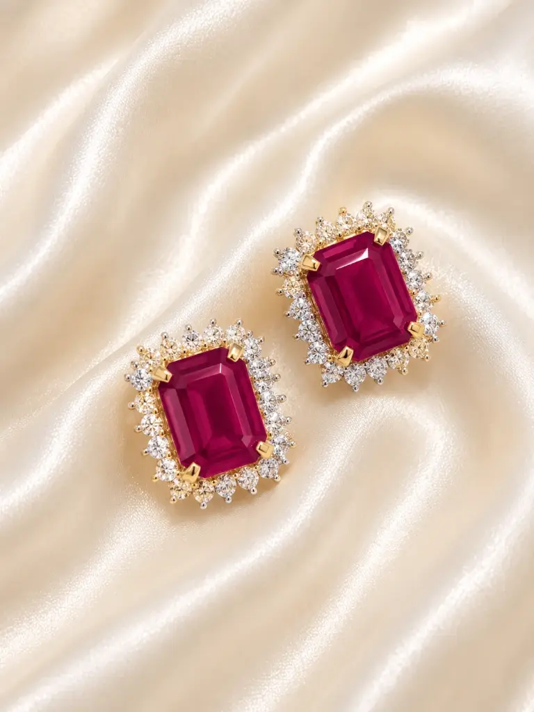 EMERALD CUT RUBY DIAMOND HALO STUD EARRING