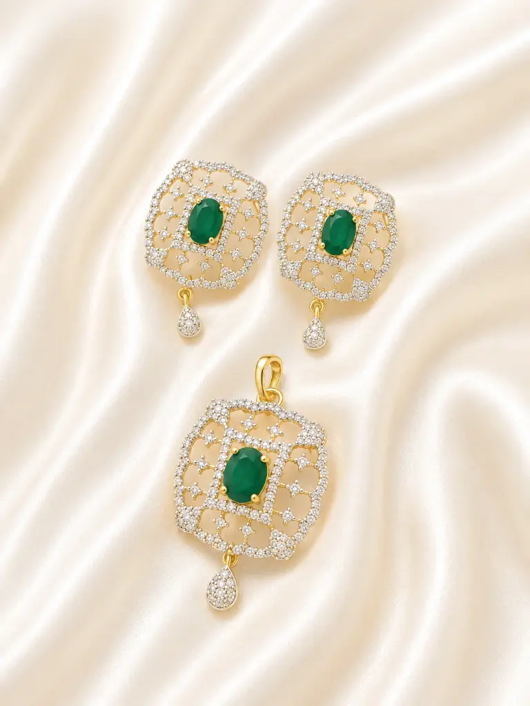 CUSION CUT EMERALD PAVE DIAMOND PRNDANT SET